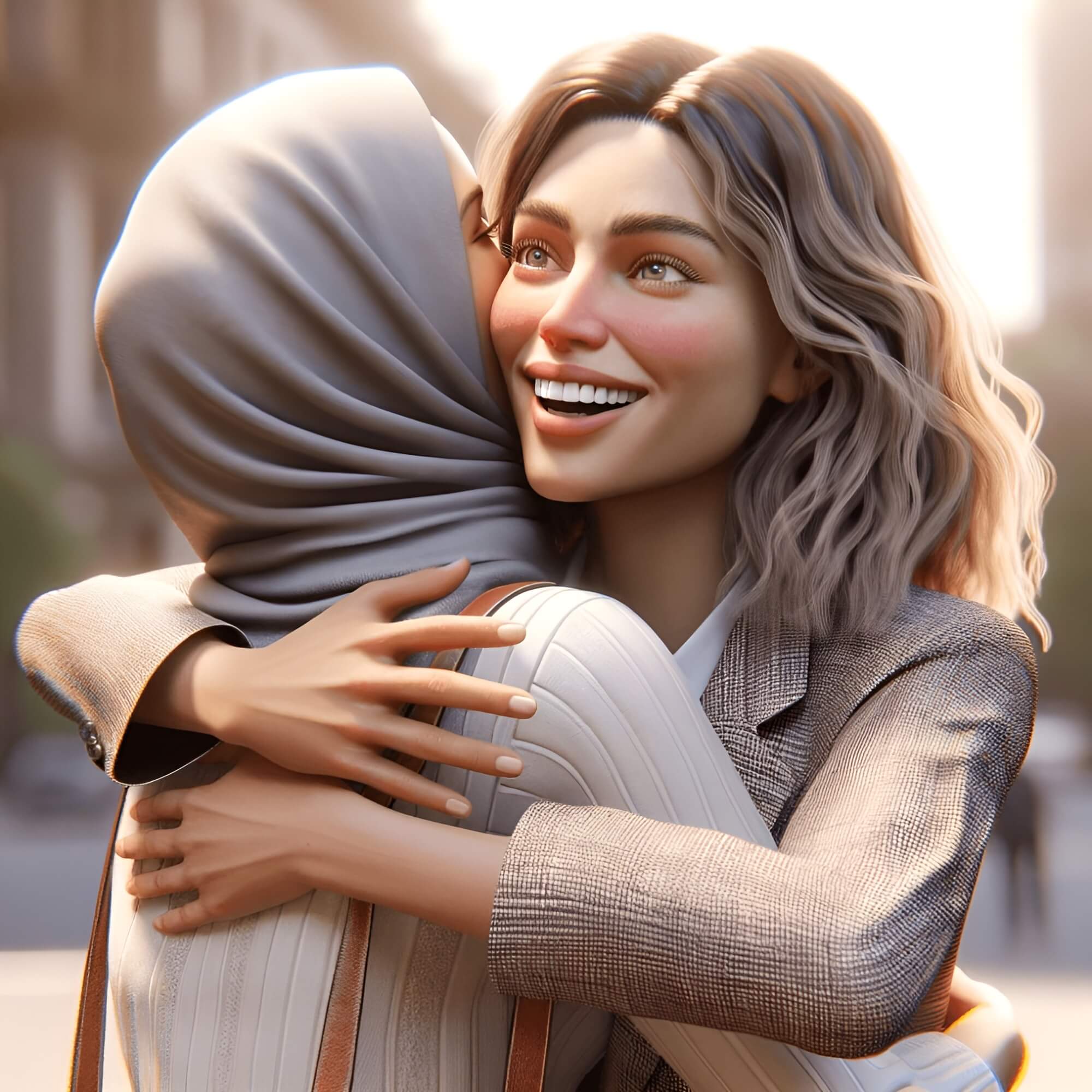 A woman is hugging another woman in a hijab.