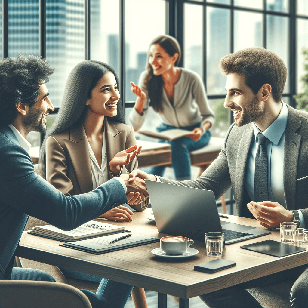 A group of business people shaking hands at a table.