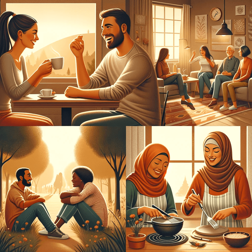 Illustration of a group of people sitting around a table and drinking coffee.