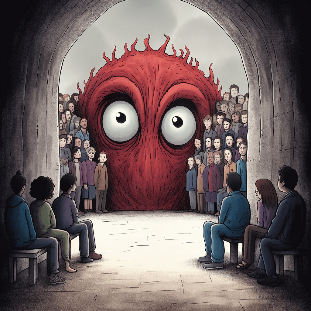 An illustration of a red monster in front of several people.