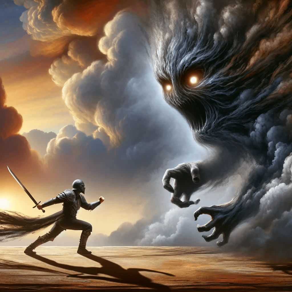 A man is fighting a demon with a sword.