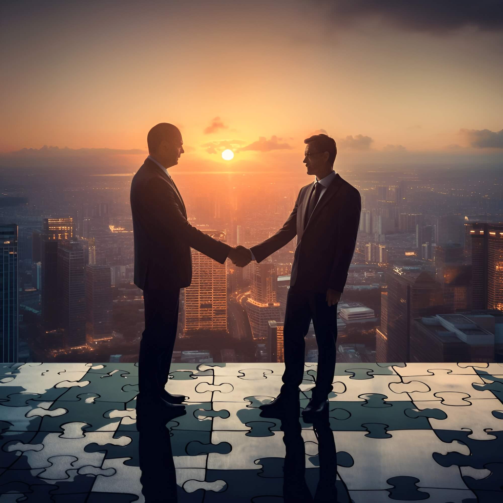 Two businessmen shaking hands in front of a city at sunset.