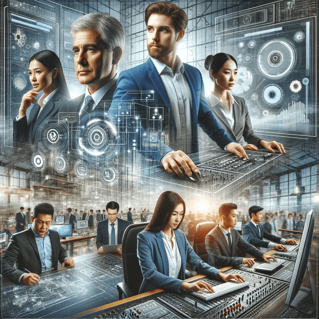 A group of people working on computers in futuristic office.