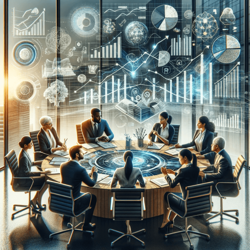 A group of business people sitting around a conference table.