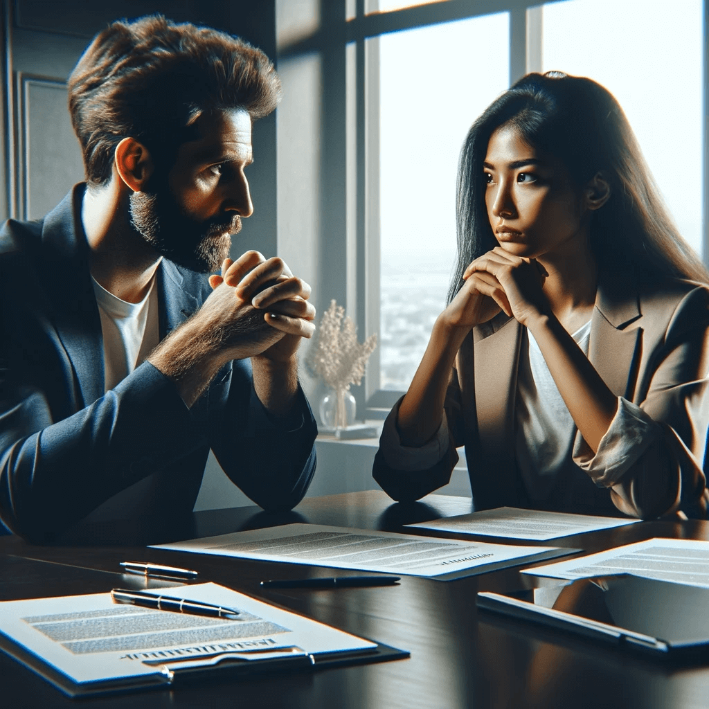 A man and woman sitting at a table in an office.