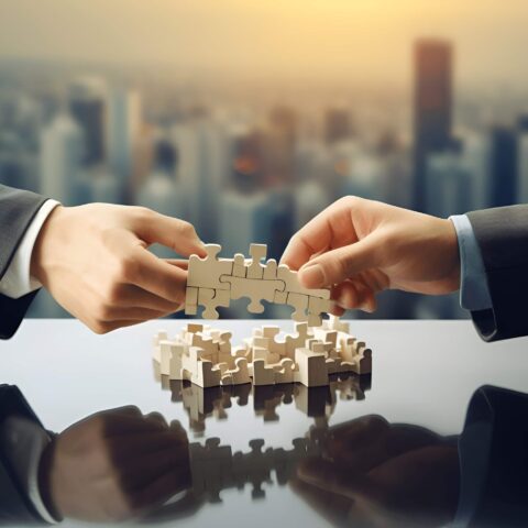 Two business people holding a piece of jigsaw puzzle in front of a city.