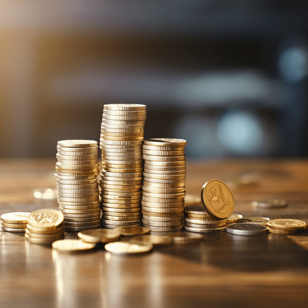 A stack of gold coins on a wooden table.