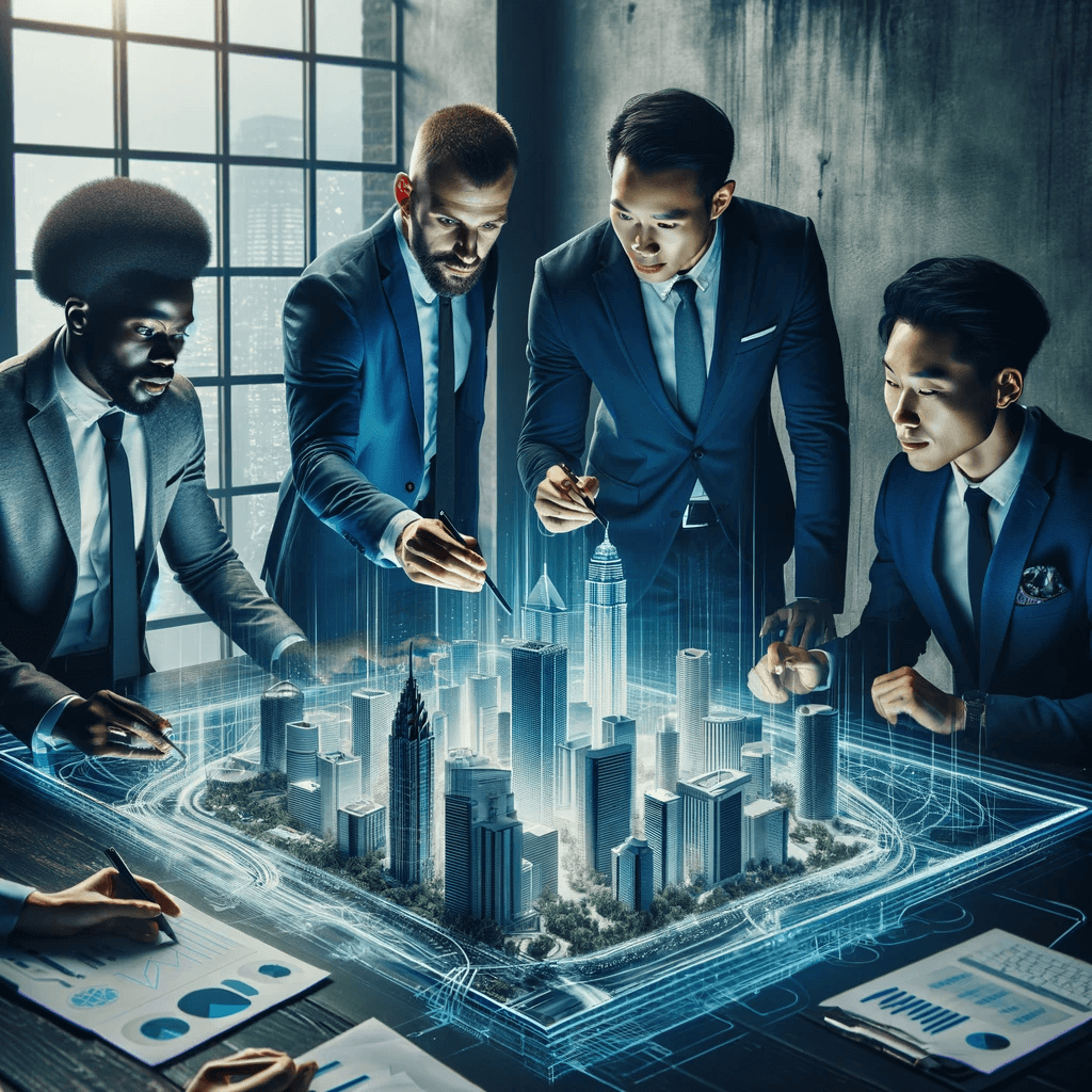 A group of business people looking at a virtual city.