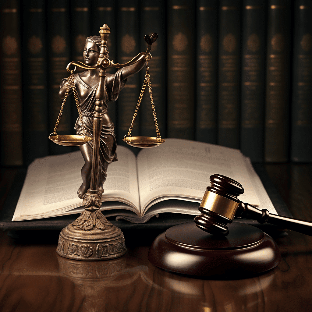 A statue of justice, a law book and a gavel on a wooden table.