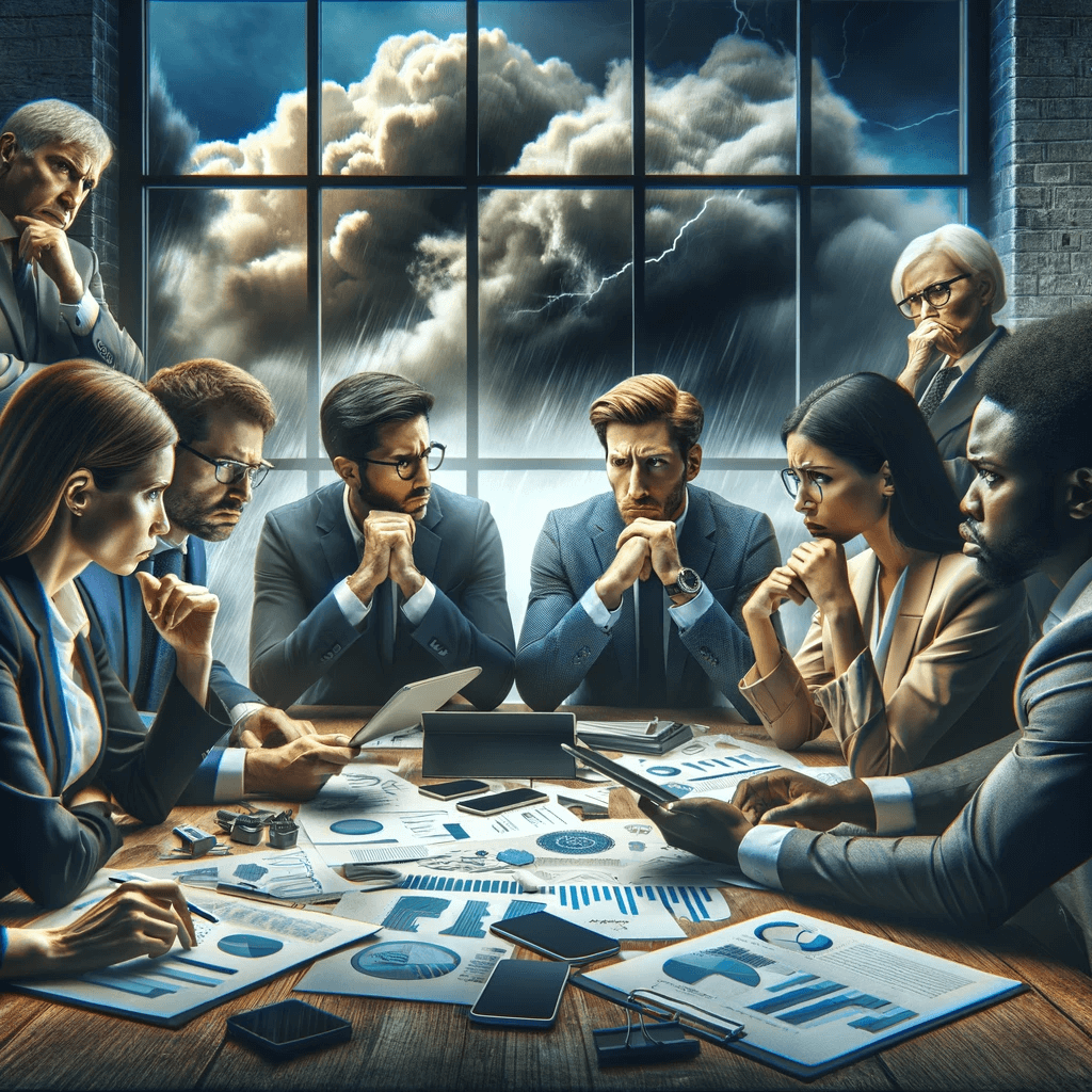 A group of business people sits around a table while behind them a storm rages.