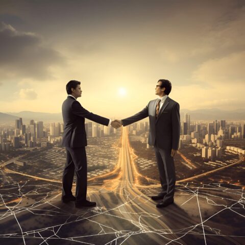 Two businessmen shaking hands in front of a city.