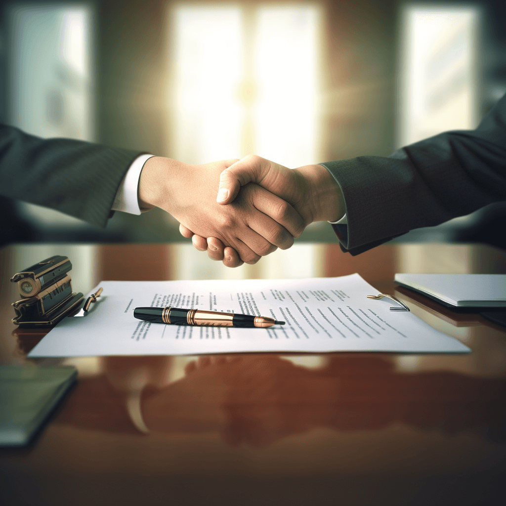 Two business people shaking hands over a contract.