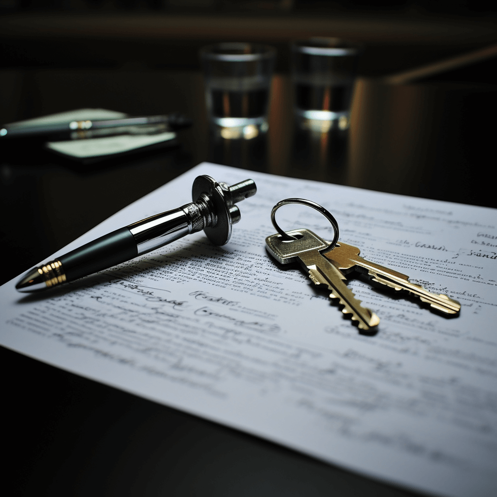 A pen and keys on top of a legal document.