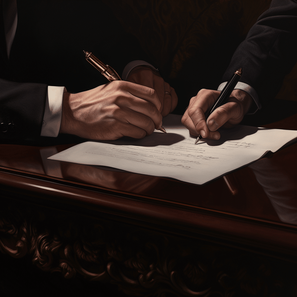 Two men signing a document at a desk.