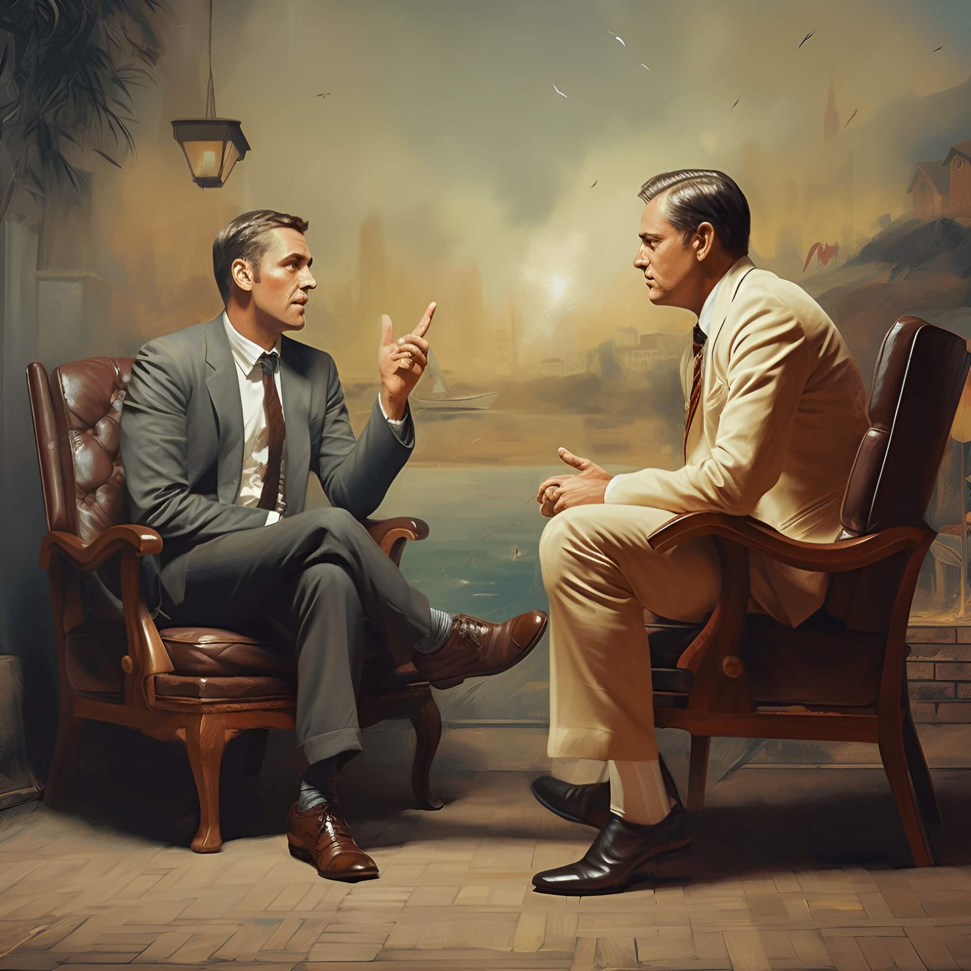 Two businessmen sitting in chairs and talking.