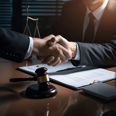 Two businessmen shaking hands at a desk.