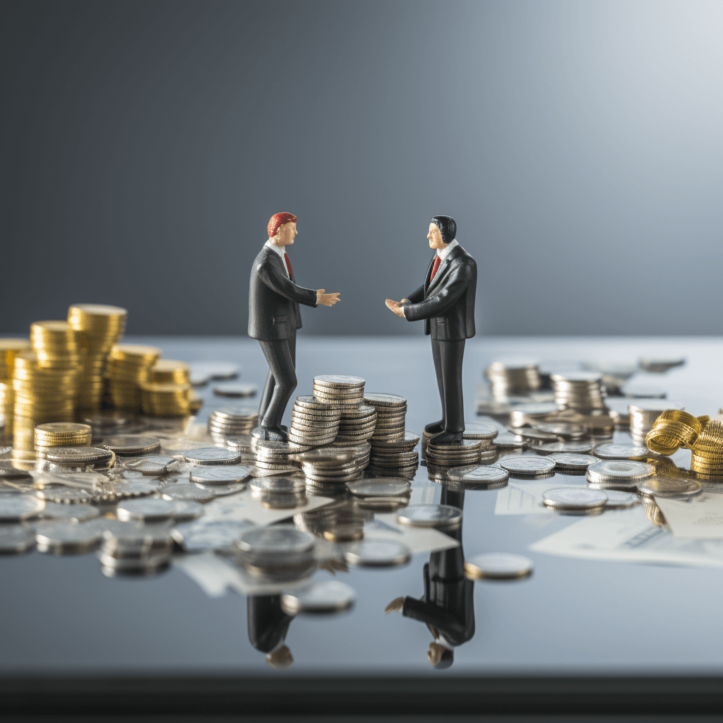 Two toy businessmen talking on a pile of coins.