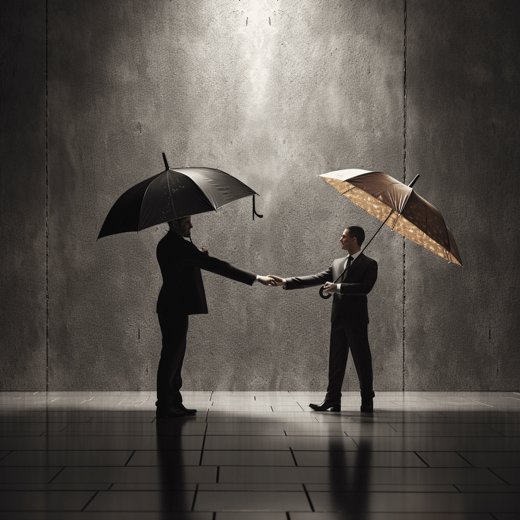 Two businessmen holding umbrellas and shaking hands.