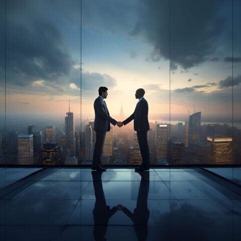 Two businessmen shaking hands in front of a cityscape.