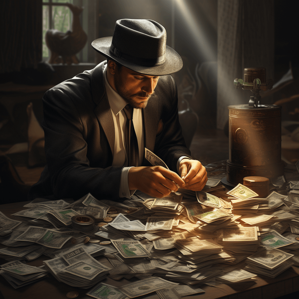 A man sitting at a table with piles of money.