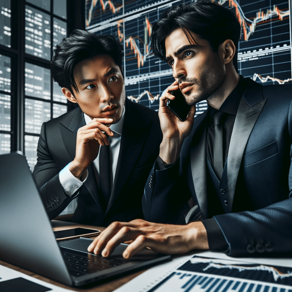 Two businessmen talking in front of a stock chart.