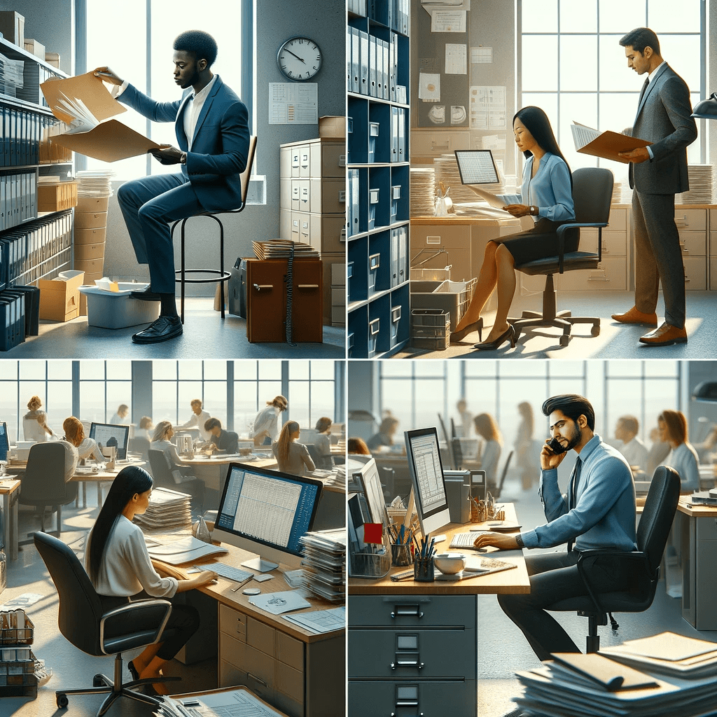 A series of pictures of people working in an office.