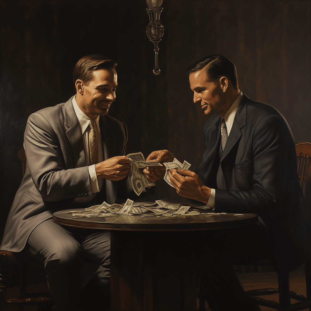 Two men sitting at a table counting money.