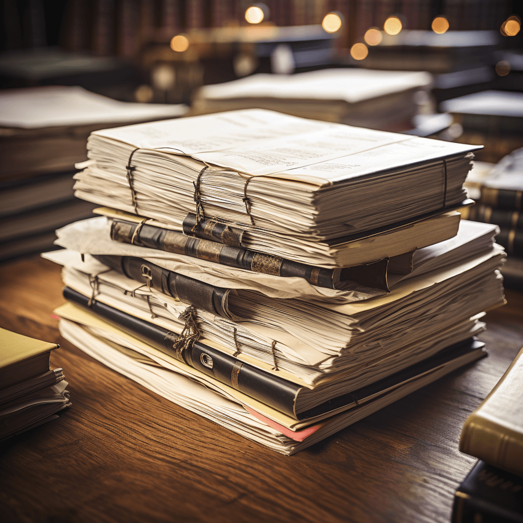 A stack of books and papers on a wooden table.