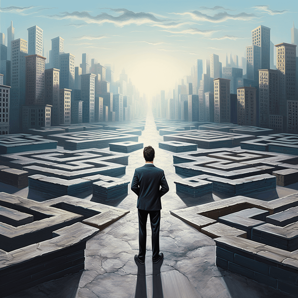 A businessman standing in front of a maze.