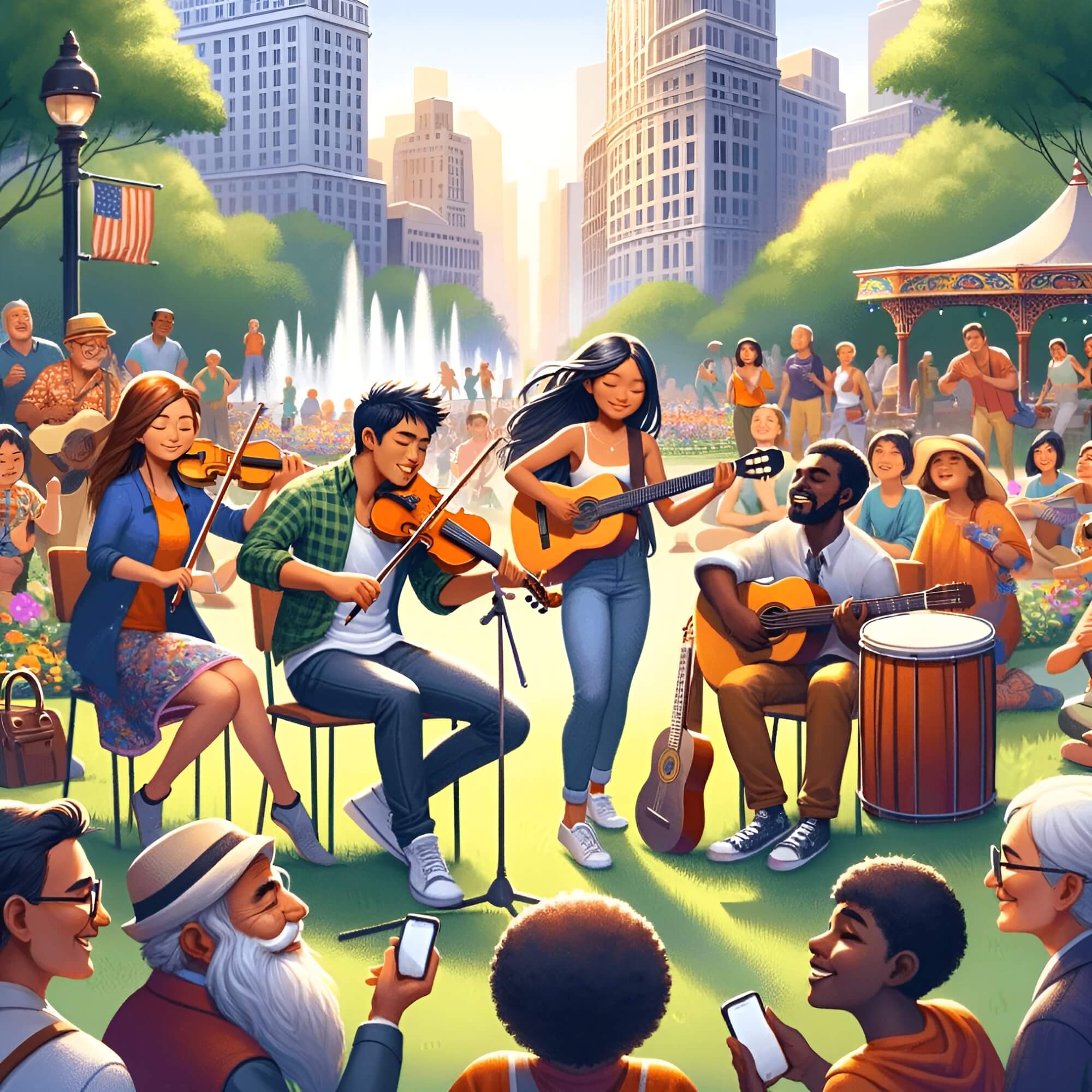 An illustration of people playing music in a park.