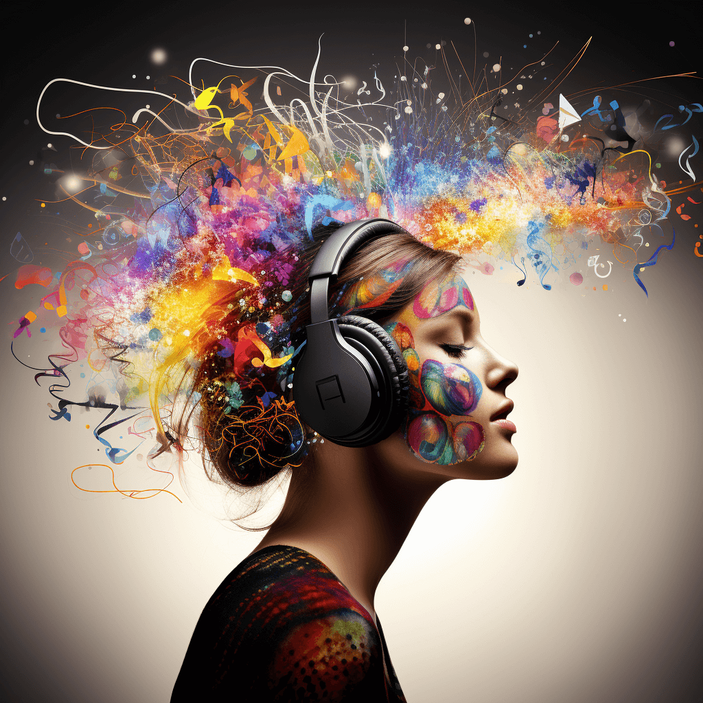 A woman with headphones and colorful music notes on her head.