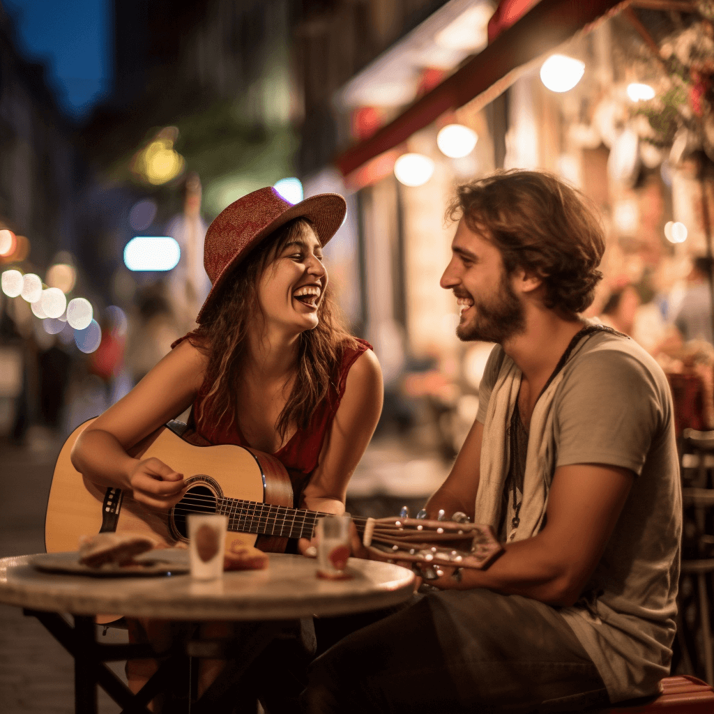 Young woman playing guitar in the street at night and a man listening.