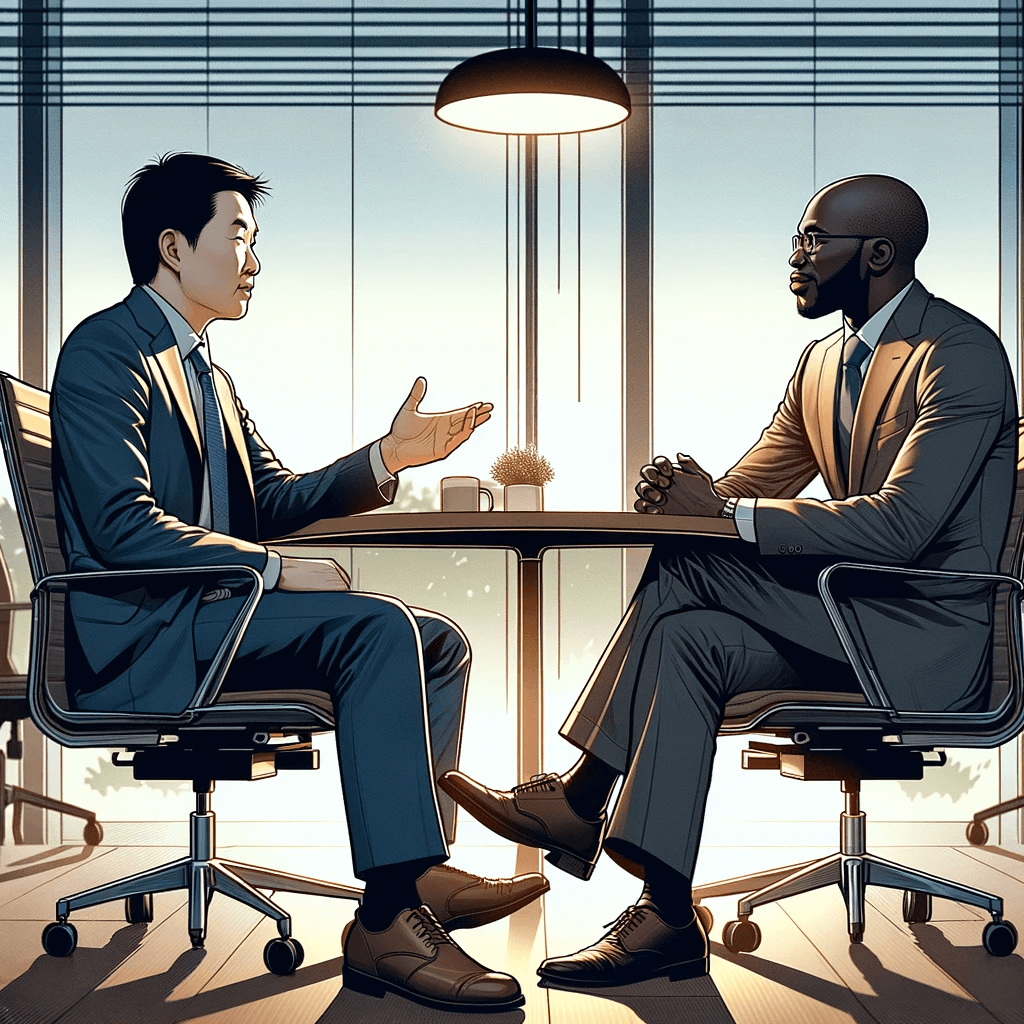 Two businessmen talking at a table in an office.