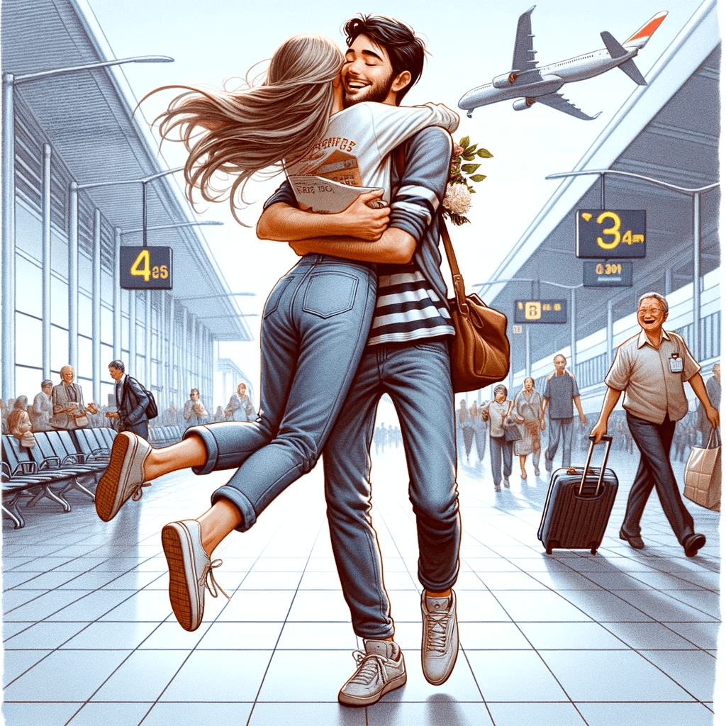 An illustration of a couple hugging in an airport.