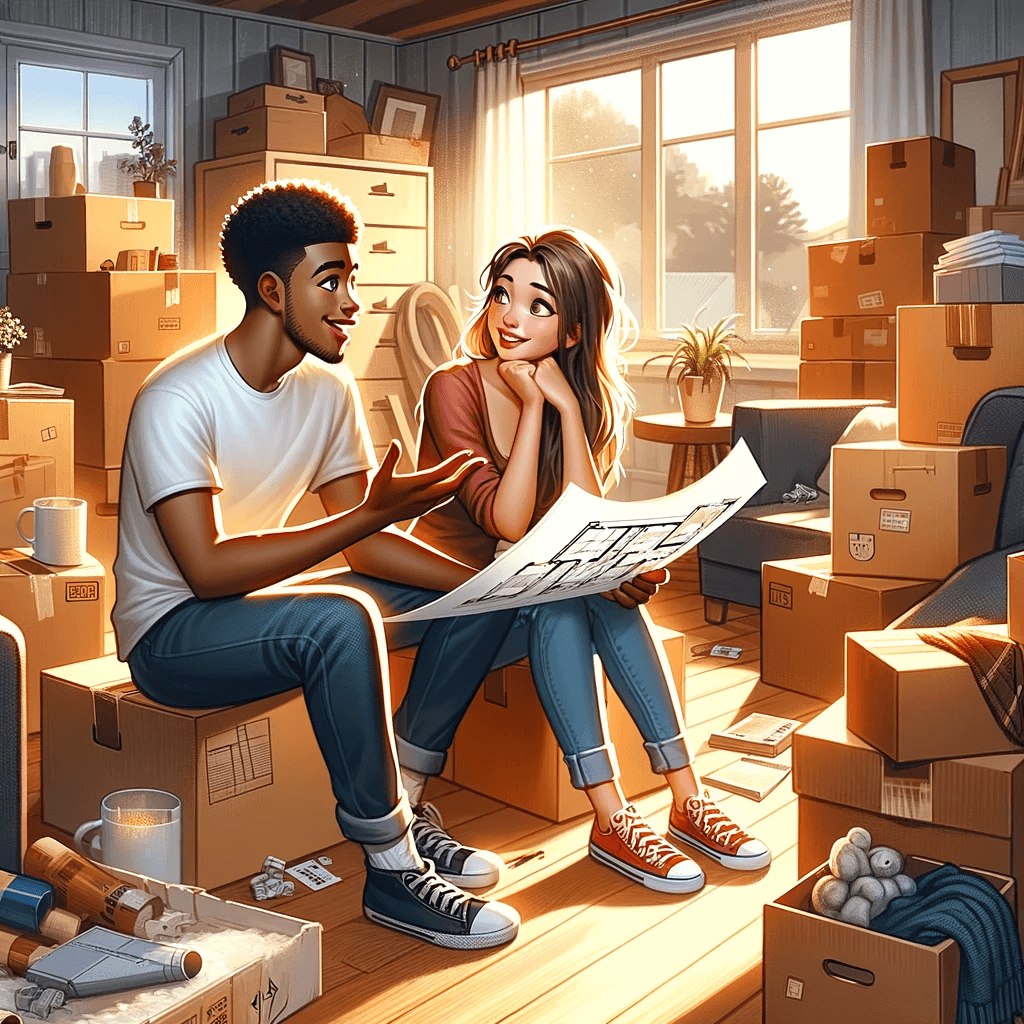 A couple looking at a moving plan in a room full of boxes.