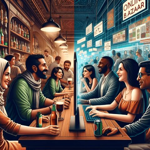 A group of people sitting at a table in a bar.