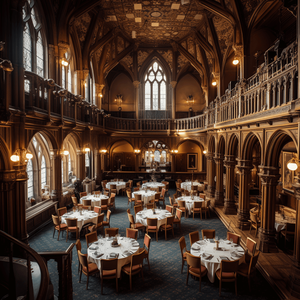 An ornate room with tables and chairs.