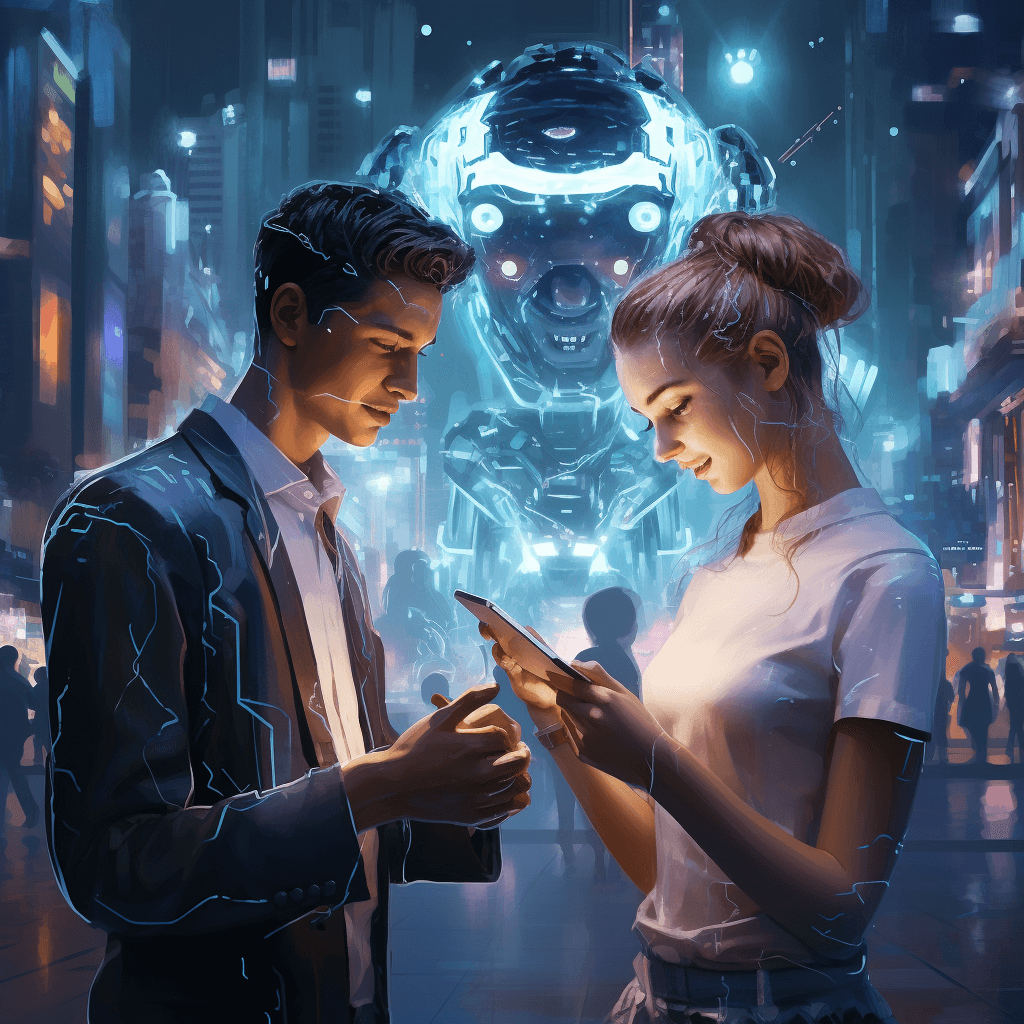 A man and woman looking at a phone in a futuristic city.