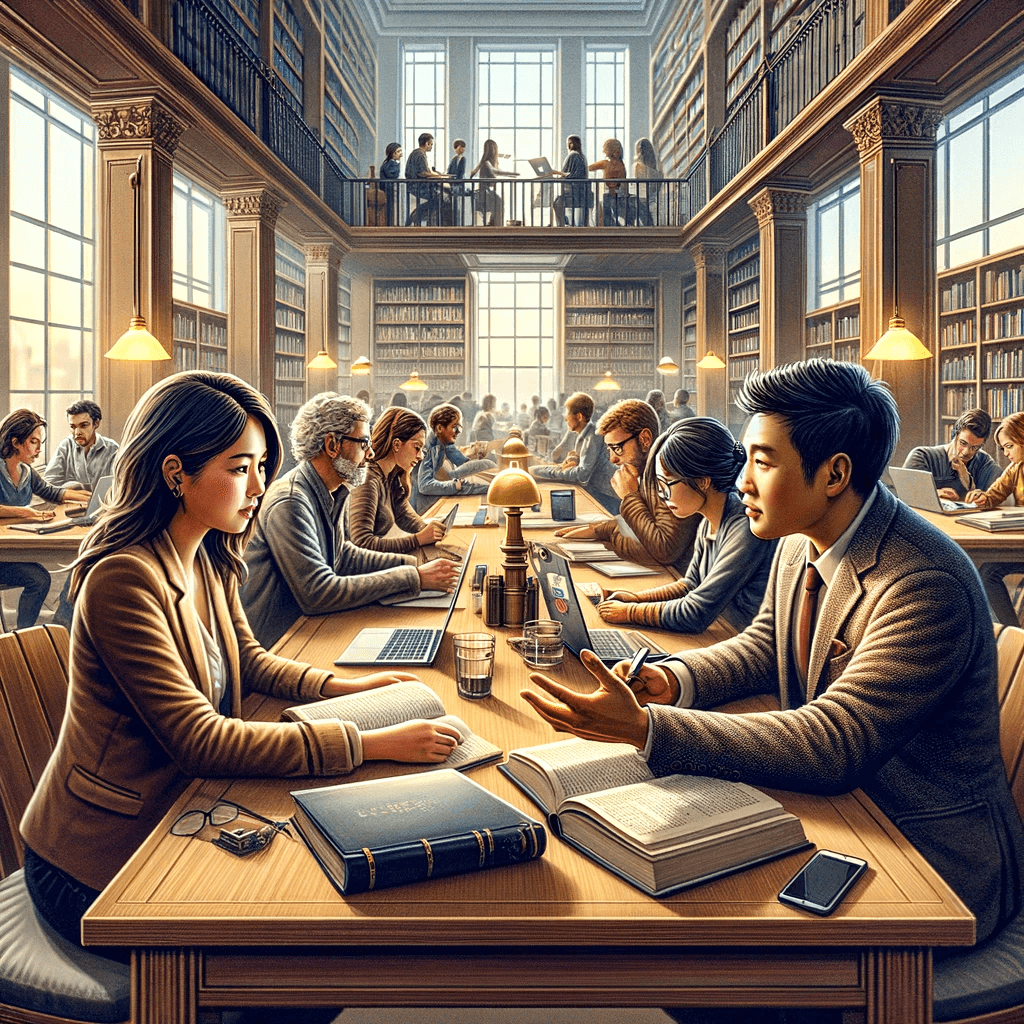 Illustration of people sitting at a table in a library.