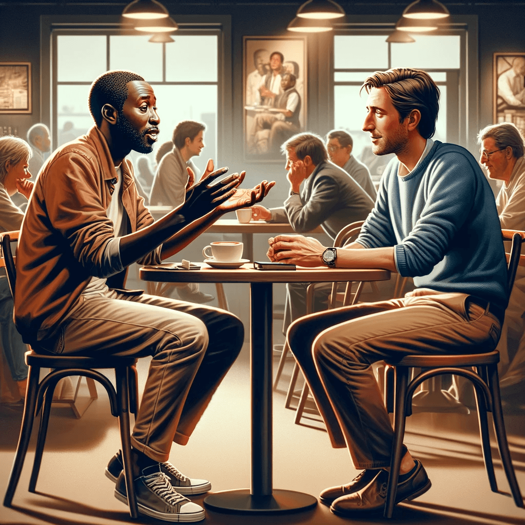 Two men sitting at a table talking.