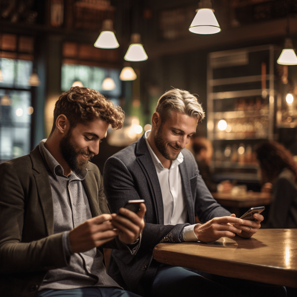 Two men sitting at a table looking at their phones.