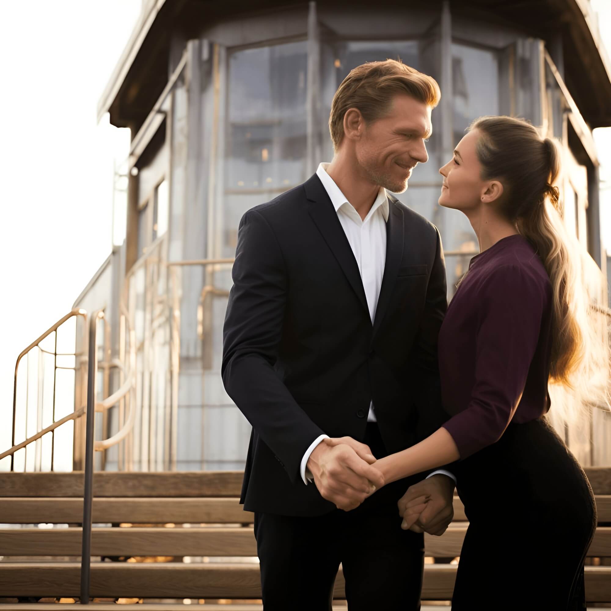 A man and woman standing in front of a house.