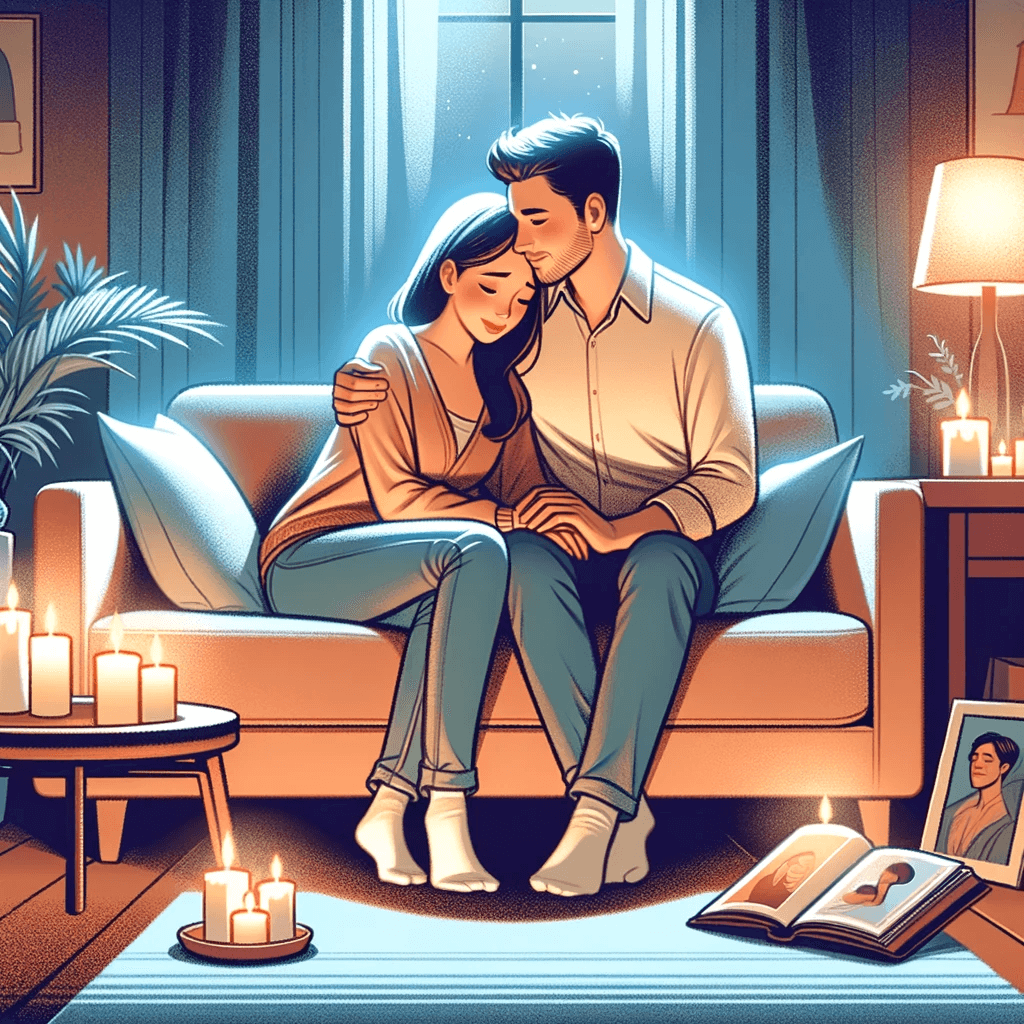 Illustration of an embracing couple sitting on a couch.