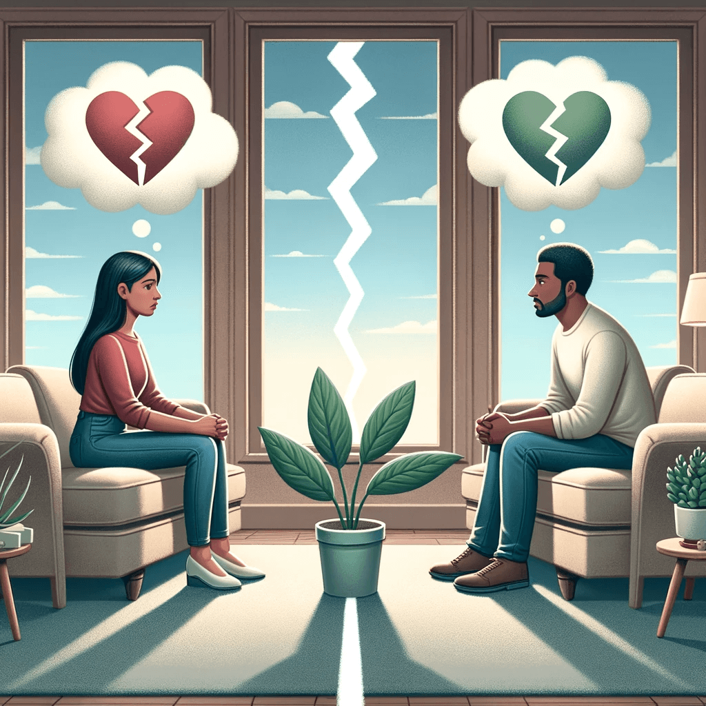 A man and woman sitting on a couch thinking about their broken hearts.