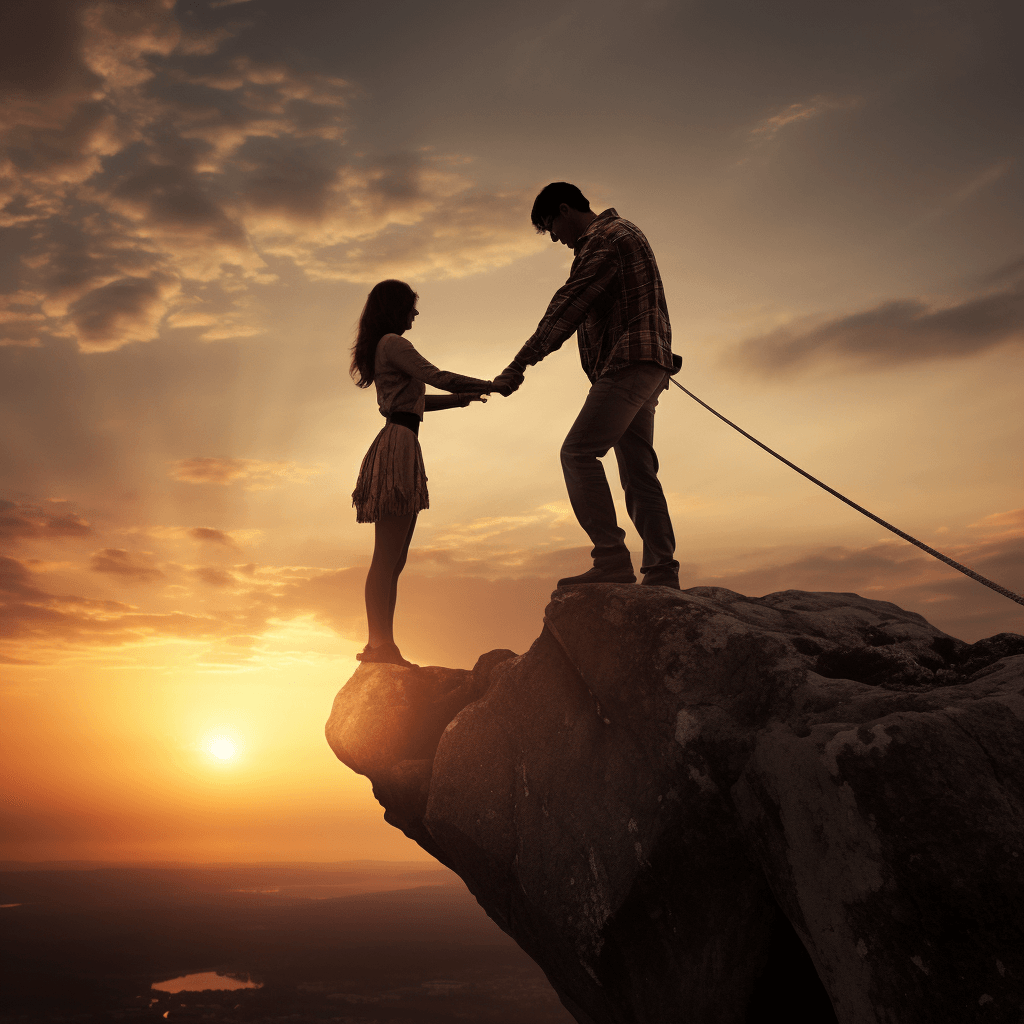 A man and a woman are holding hands on the edge of a cliff at sunset.