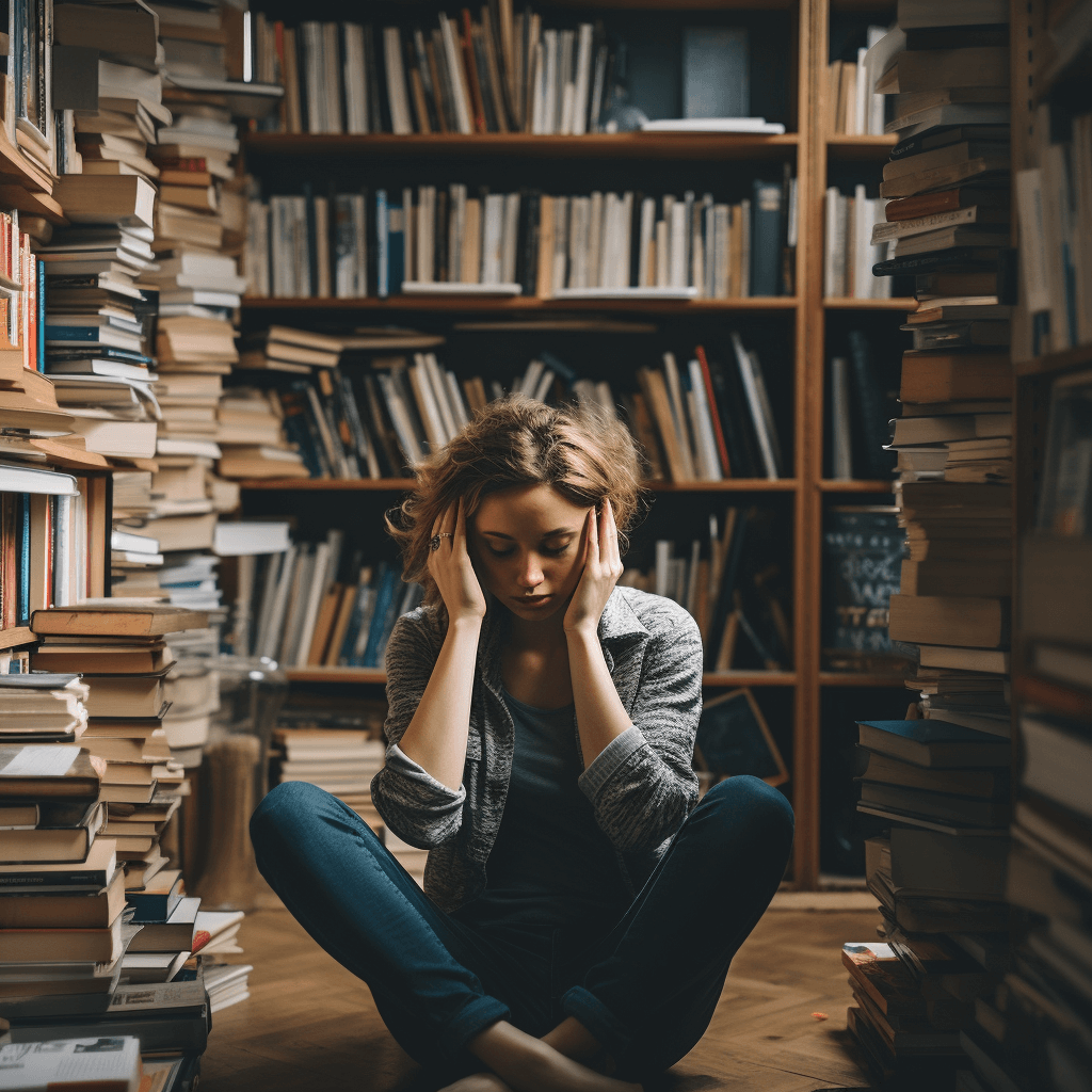 Stressed woman sitting on the floor in front of a stack of books.