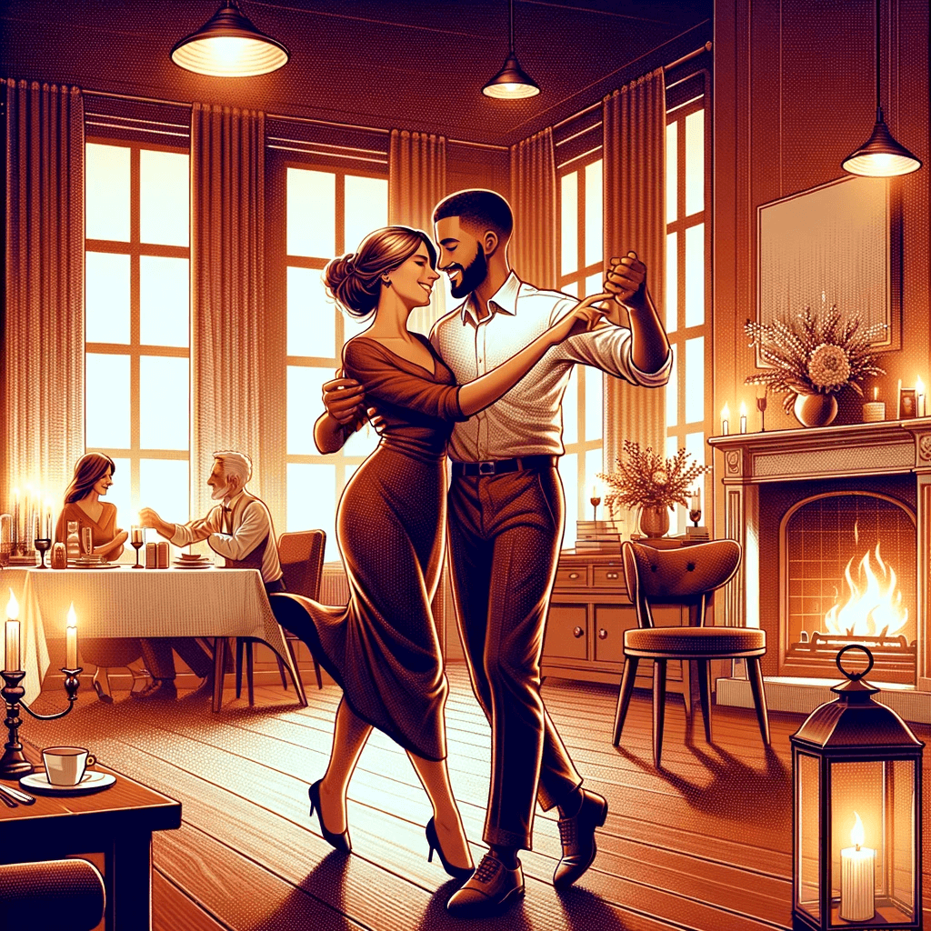 An illustration of a couple dancing in a living room.