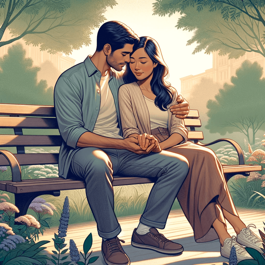 An embraced couple is sitting on a bench.