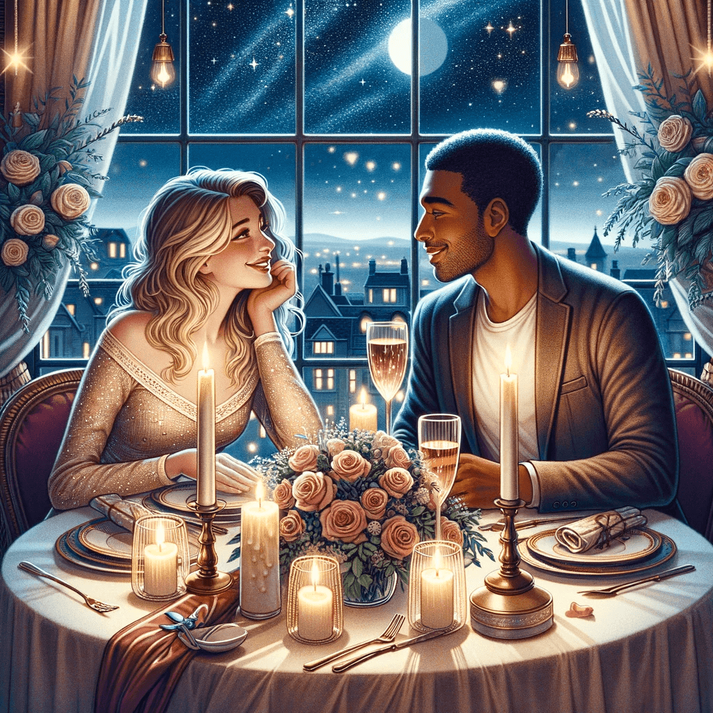 Illustration of a couple having dinner at a candlelit table.