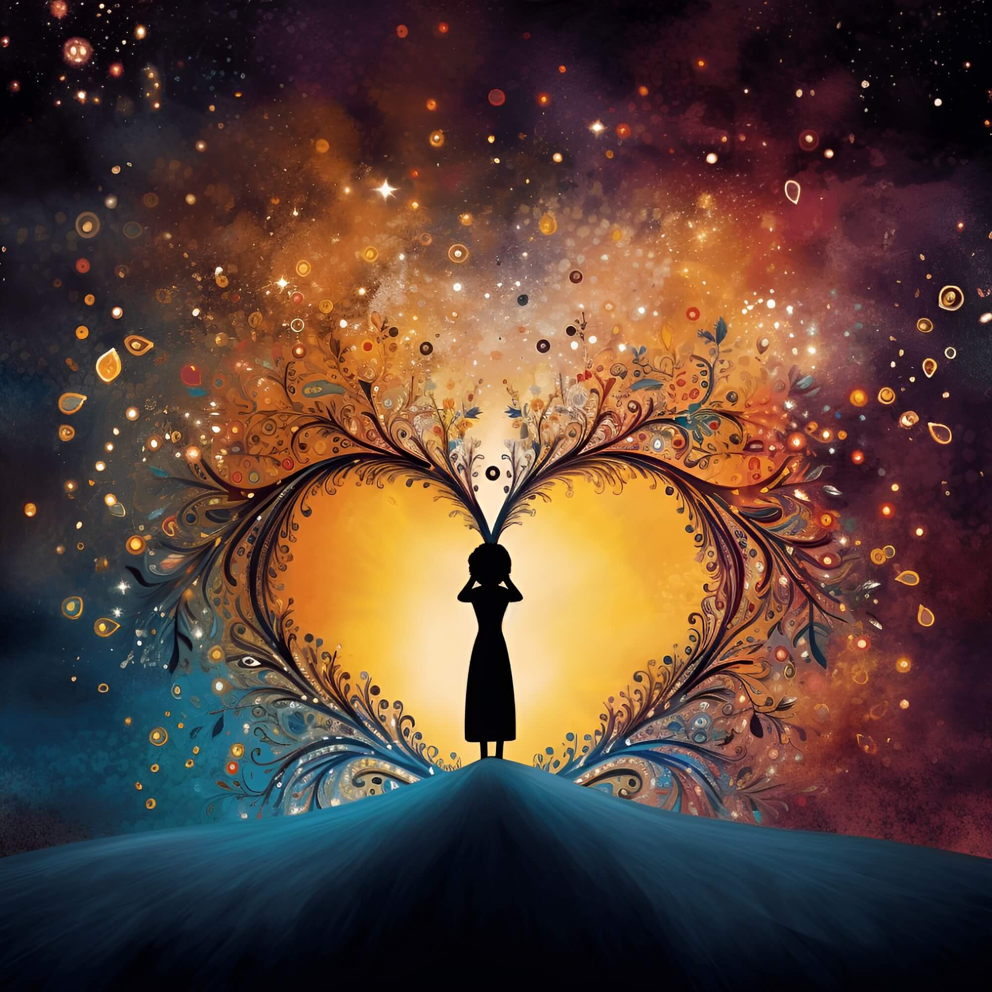 A woman standing in front of a heart shaped starry sky.